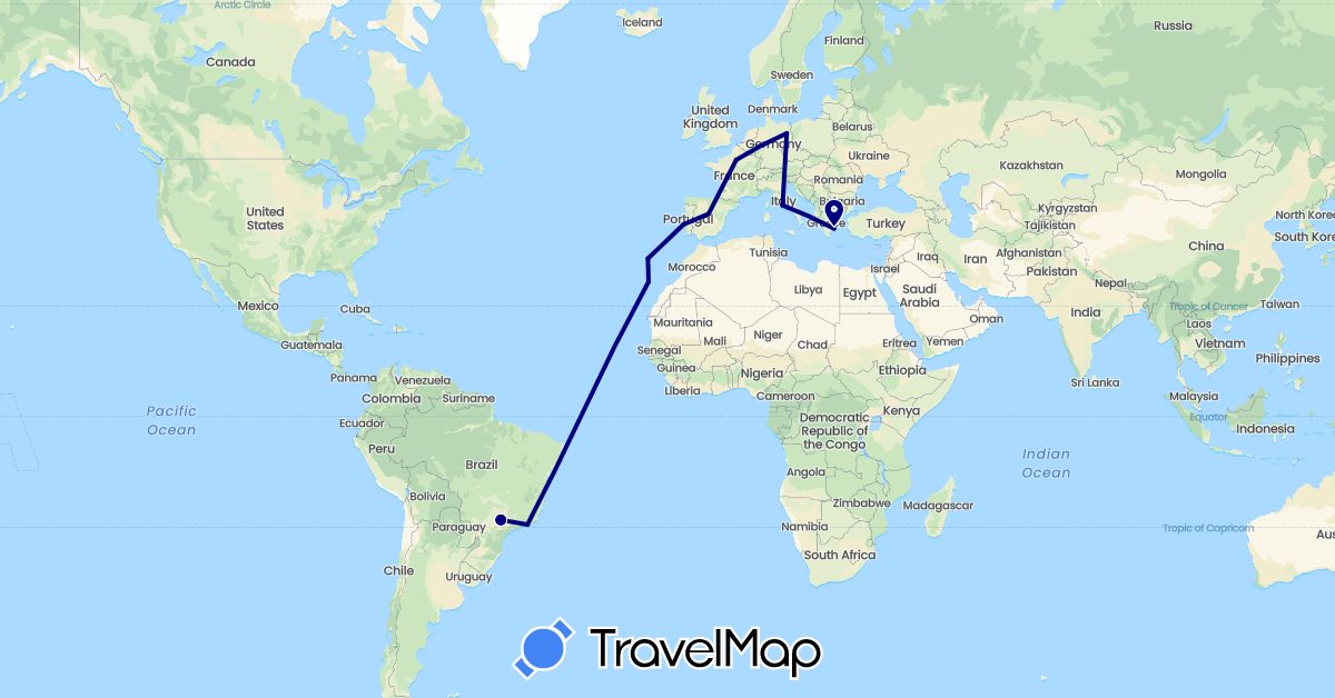 TravelMap itinerary: driving in Brazil, Germany, Spain, France, Greece, Italy, Portugal (Europe, South America)